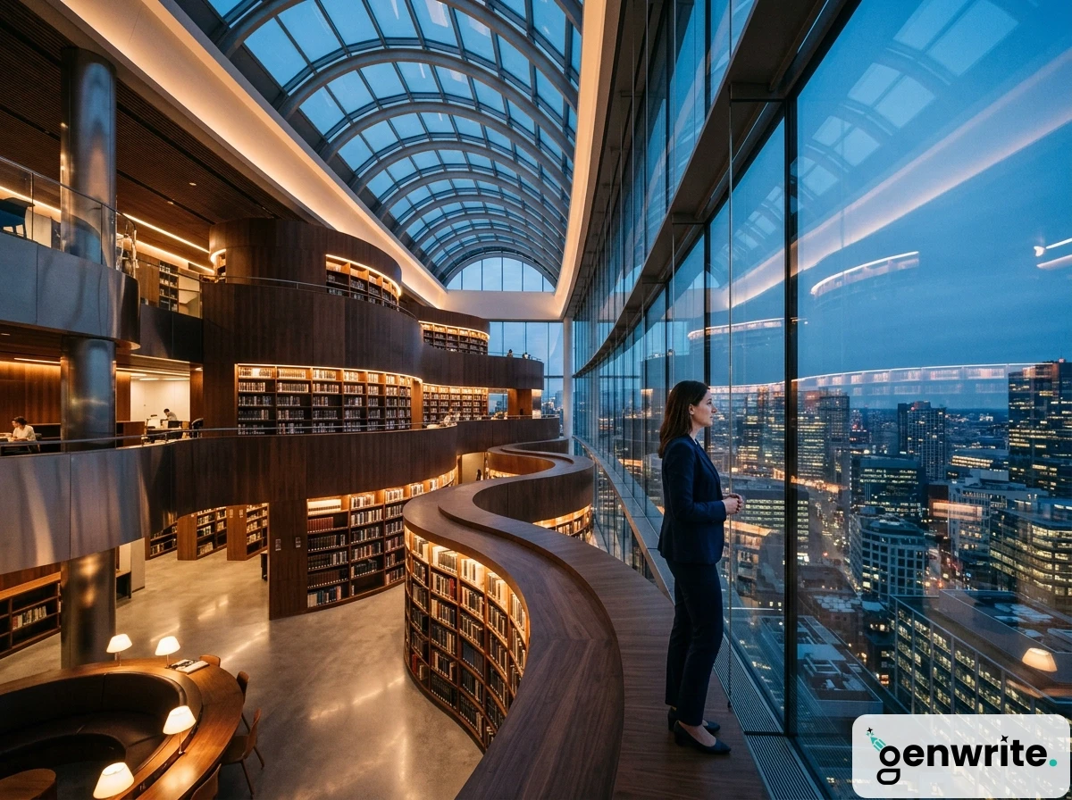 A person looking at a city skyline from a modern library built for automated seo.