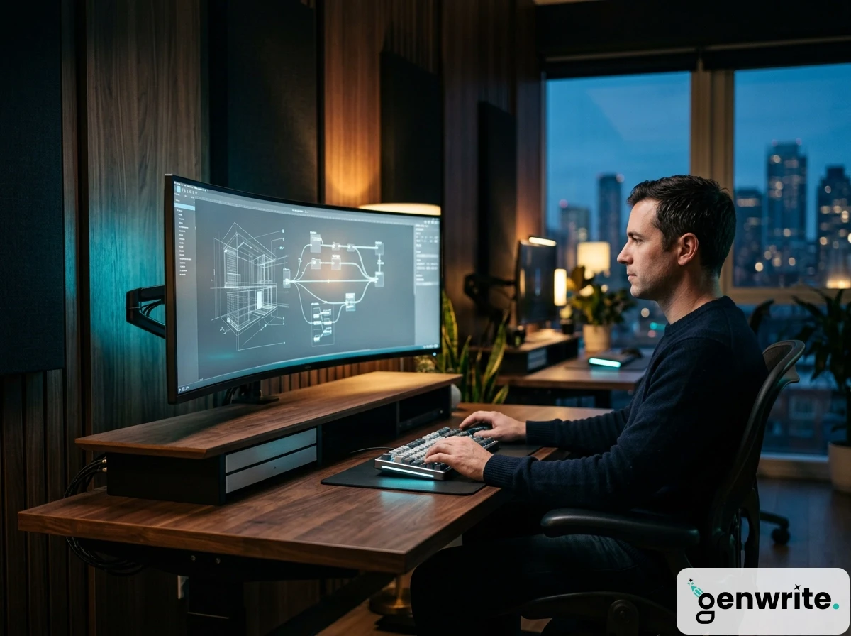 A professional using the best ai seo tool on a wide monitor for automated seo workflows.