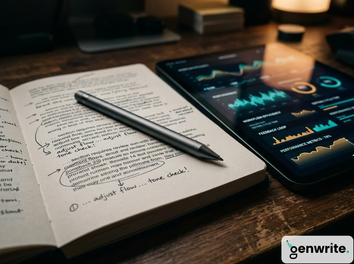 An open notebook with handwritten workflow edits beside a tablet showing SEO traffic analytics.