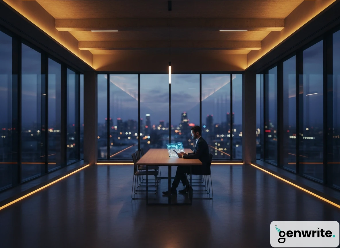 A professional working late in a high-rise office using an online ai seo tool to manage automated seo workflows.