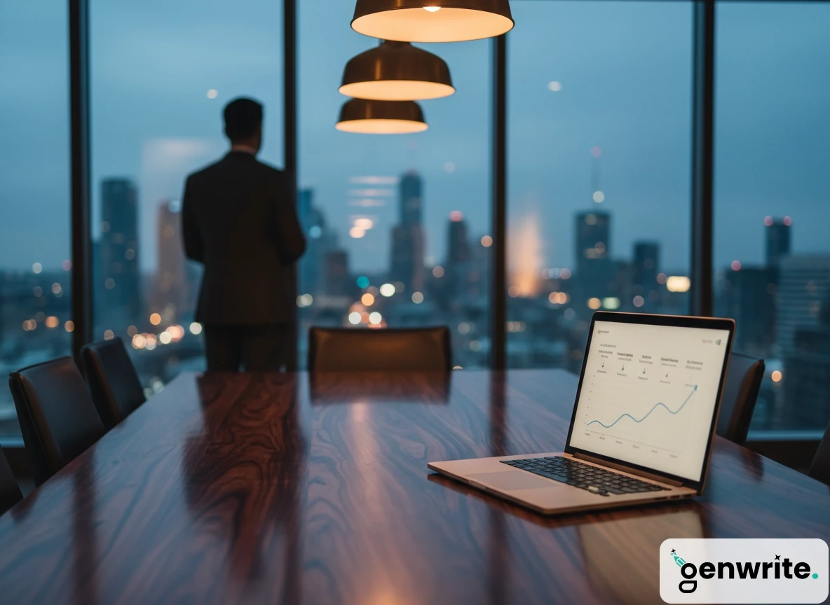 A laptop running an ai writing seo tool on a conference table as a businessman looks out at the city skyline.