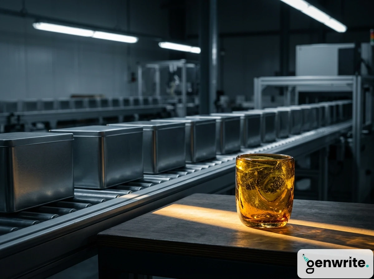 An amber glass tumbler on a factory table with automated seo production lines in the background.