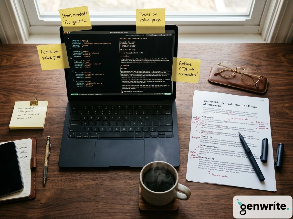 A laptop displaying code with sticky notes, showing how an ai writing seo tool works.