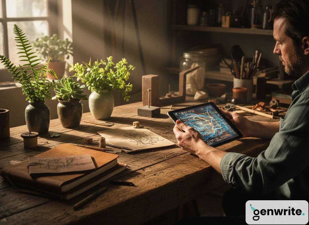 A man reviews data on a tablet at a rustic desk, showcasing automated seo workflow insights.
