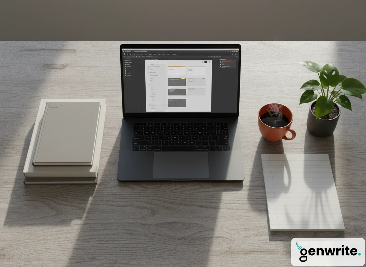 A top-down view of a laptop displaying an ai seo blog writer interface next to a coffee cup.