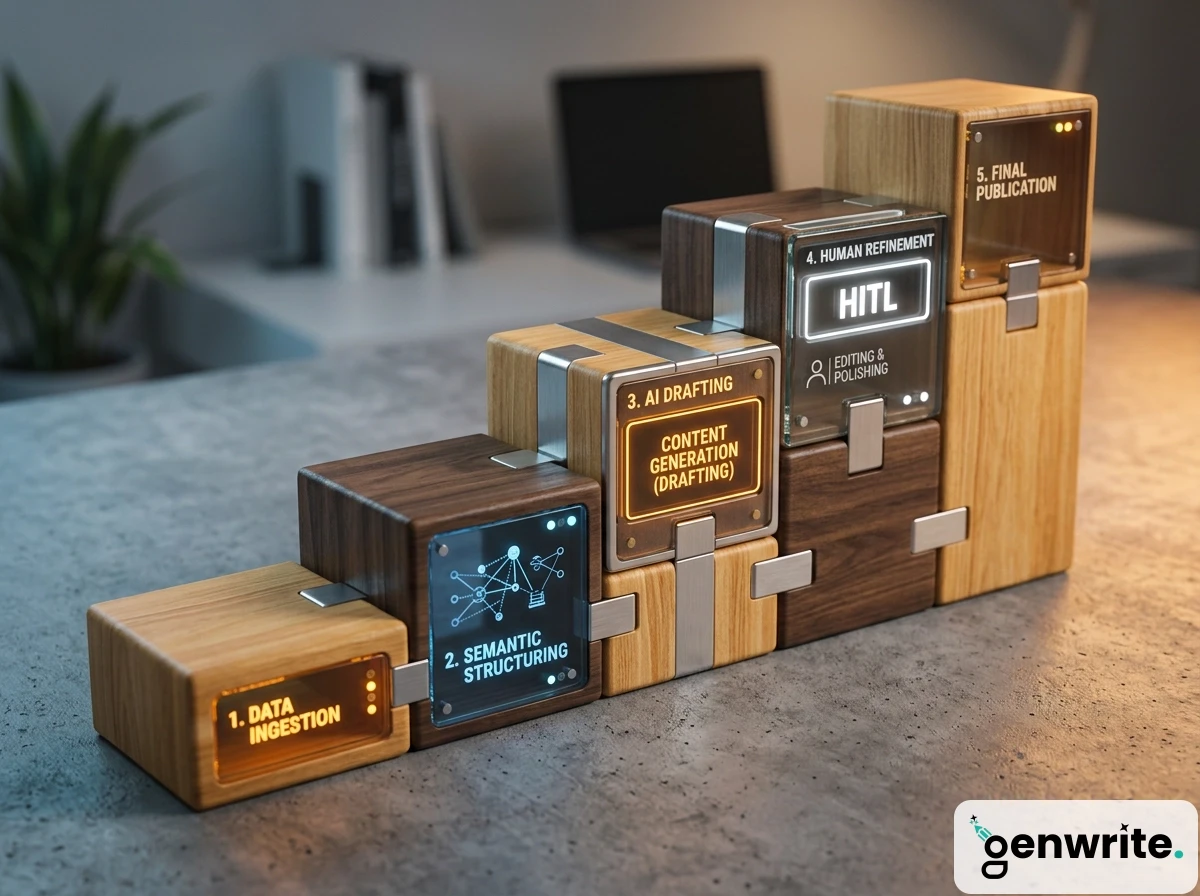 Stair-step wooden blocks showing automated seo workflow steps for an ai seo content generator.