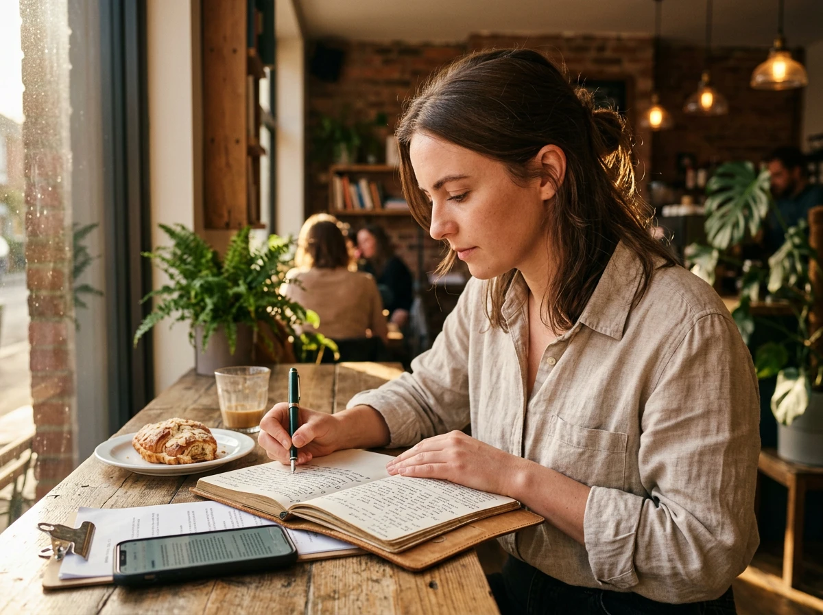 A woman writing notes in a cafe, learning how to humanize content to bypass ai detection.