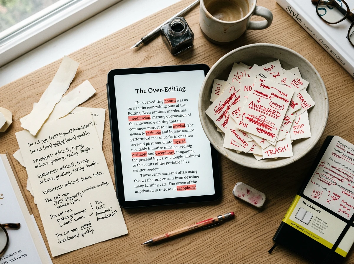 A tablet with edited text and notes, showing how to make ai text natural for an ai content detector.