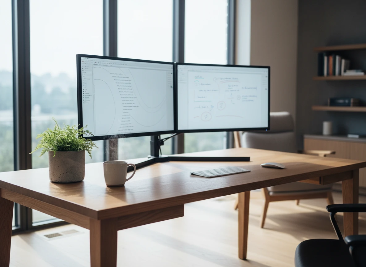 A modern workspace with dual monitors displaying text, set up to help you use an ai humanizer and bypass ai detection.