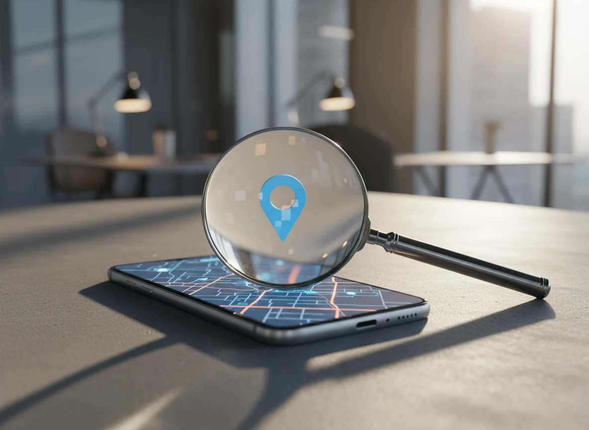 A magnifying glass focusing on a map pin on a smartphone screen to increase map pack visibility.