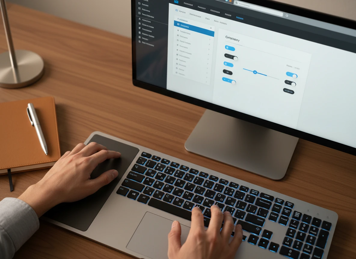 Hands typing on an illuminated keyboard and trackpad while navigating a google business profile checklist dashboard.