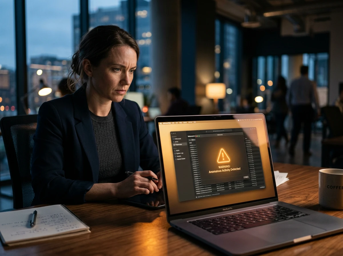 A focused professional reviewing a warning alert on a laptop during local maps ranking and website seo optimization work.