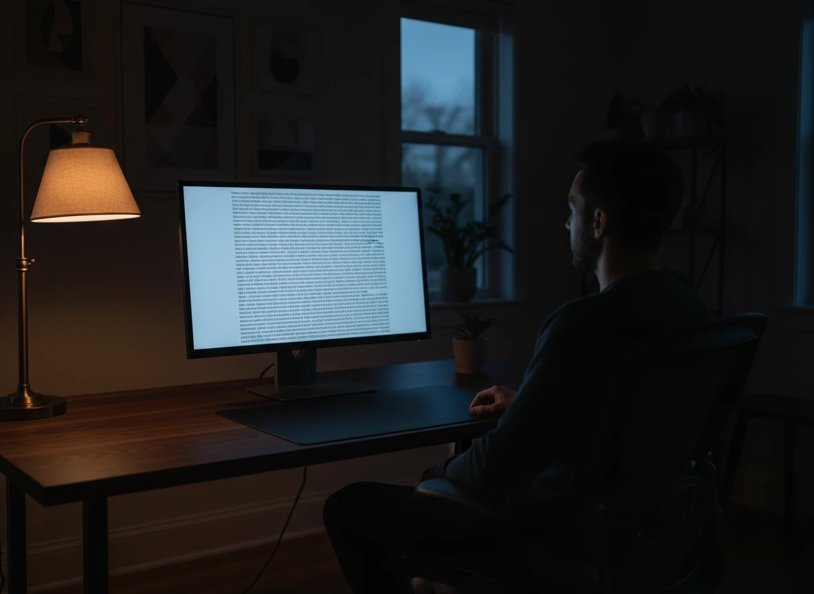 A man sitting at a desk looking at a screen of text, focusing on page optimisation and seo.