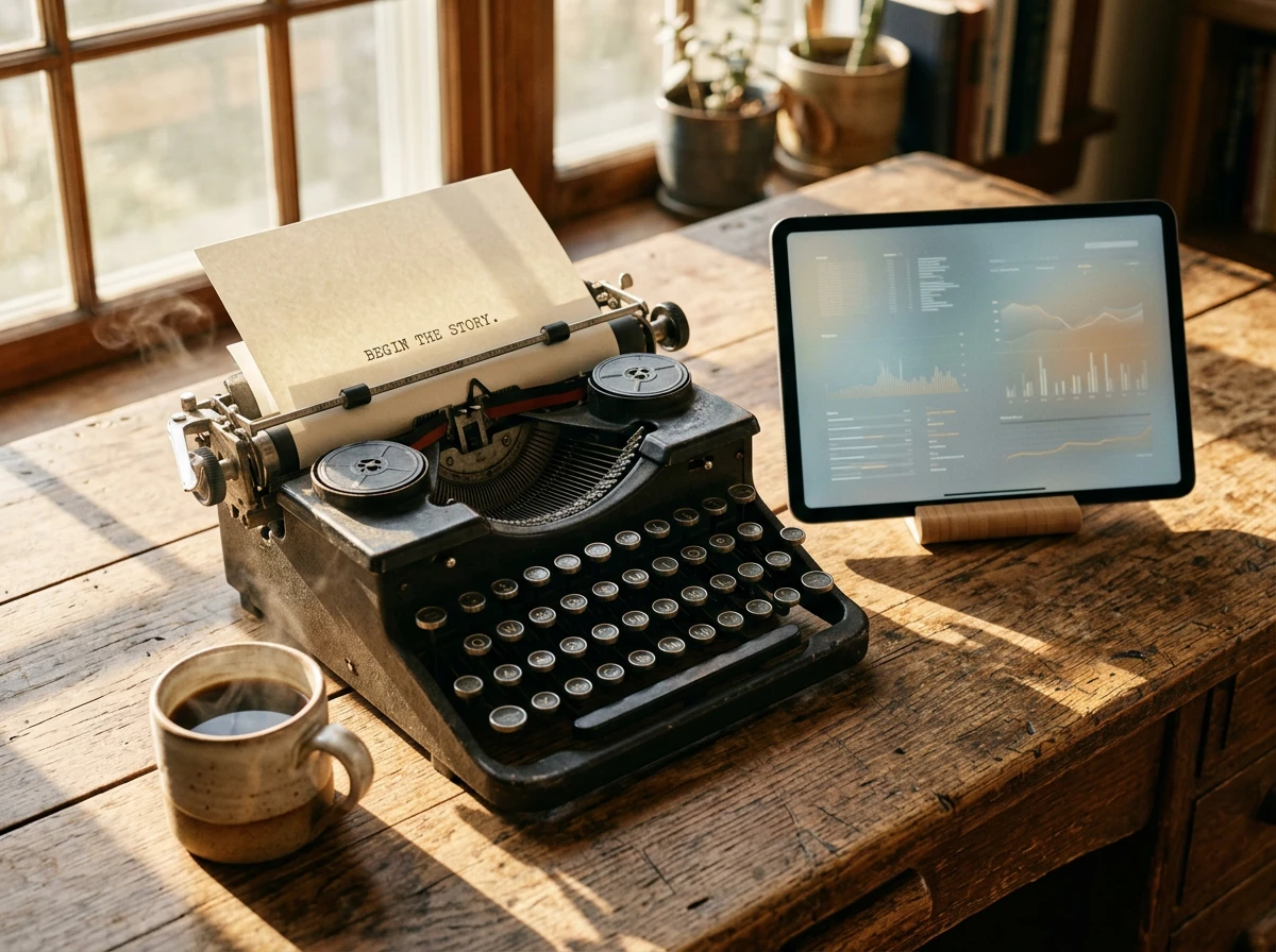 A vintage typewriter and tablet on a desk, showing how an AI blog writer assists with content generation.