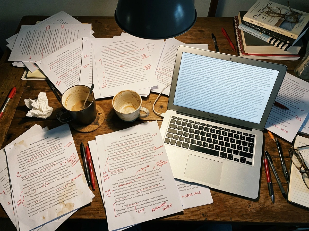 A messy desk with edited printed drafts and a laptop demonstrating page optimisation and SEO refinement.