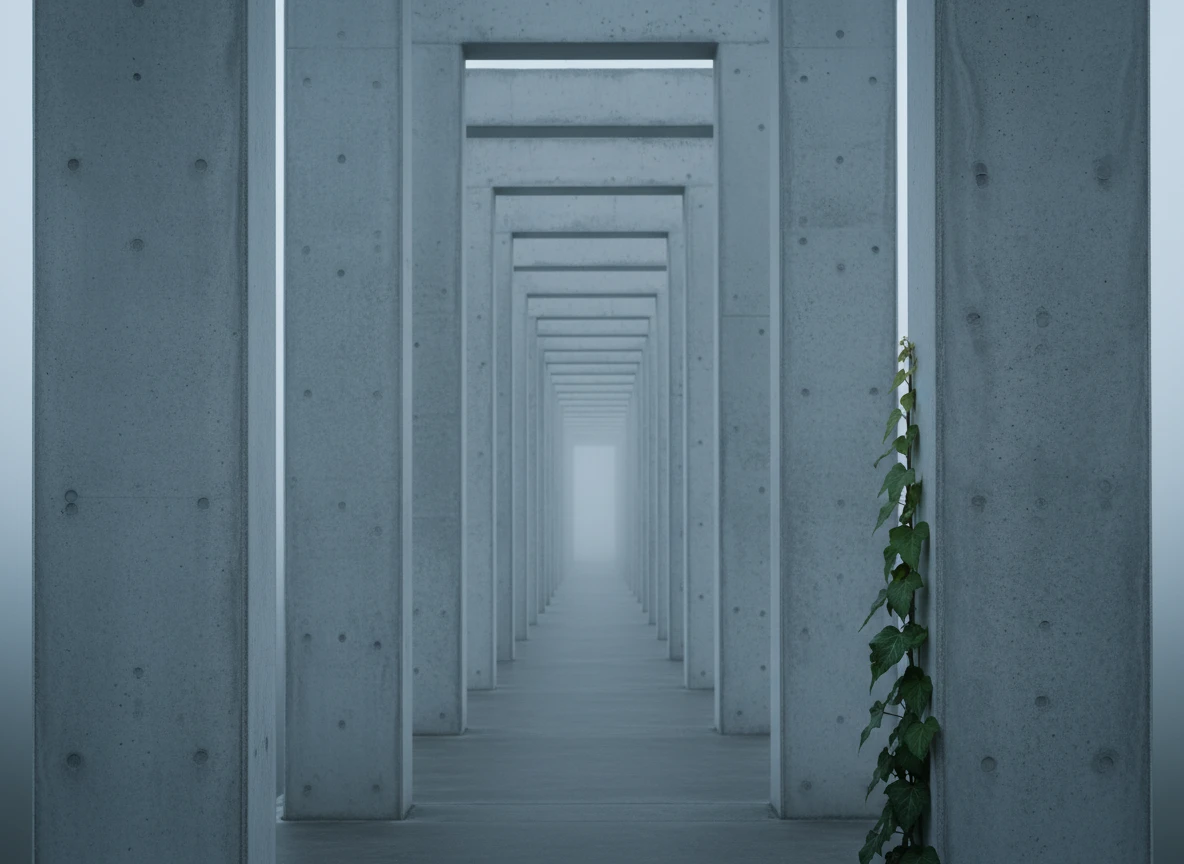 A repeating concrete architectural hallway fading into fog, representing how to humanize content using an ai humanizer.