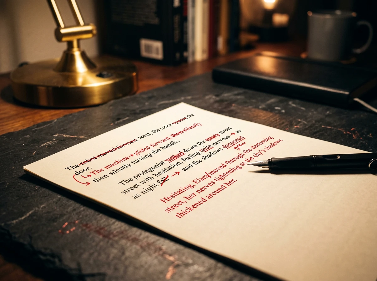 Red ink corrections on a printed draft to humanize content and improve natural writing flow.