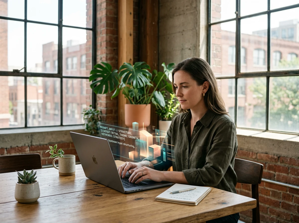 A woman typing on a laptop with a floating hologram, editing drafts from an AI content writer.