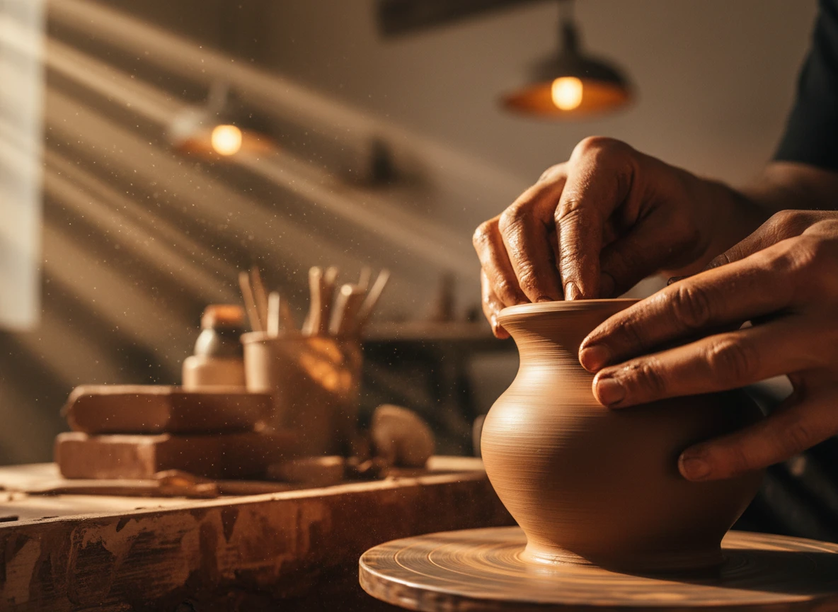 Hands shaping clay on a potter's wheel like using an AI humanizer for natural writing flow.