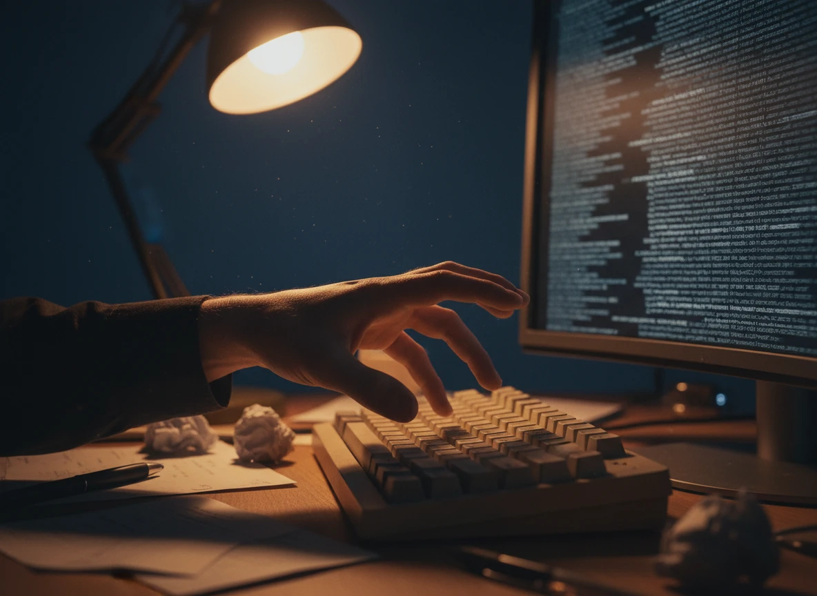 Close-up of a hand typing on a keyboard at night, focusing on seo optimisation and content generation.