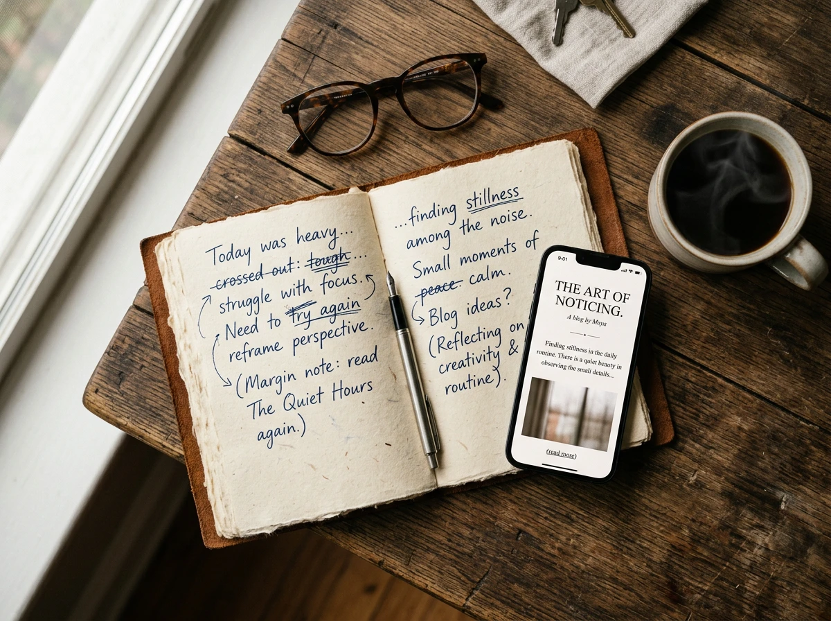 A notebook with handwritten notes next to a smartphone displaying a blog for content generation and ai blog writing.
