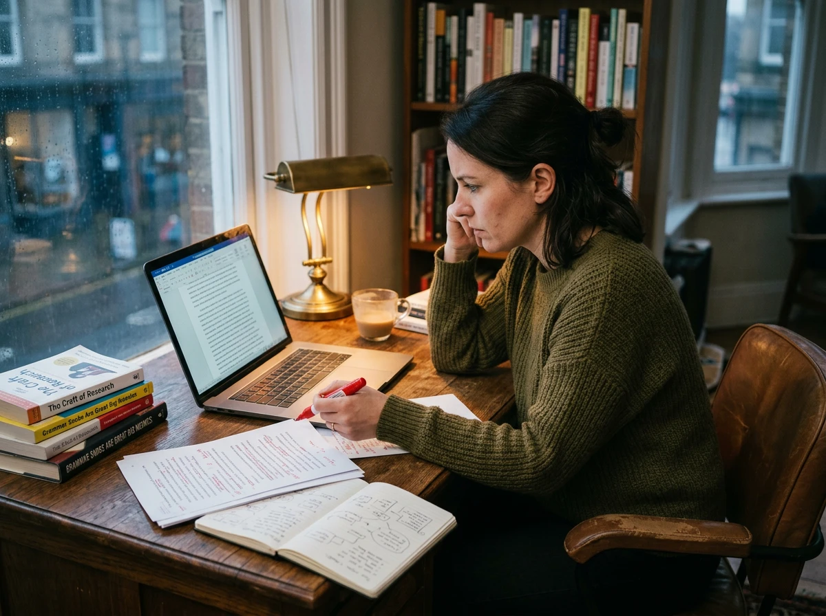 A woman working at a wooden desk with a laptop and editing printed documents for seo optimisation and ai seo.