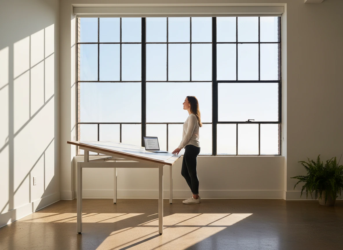 A woman standing at a desk using an AI blog writing tool for content generation.