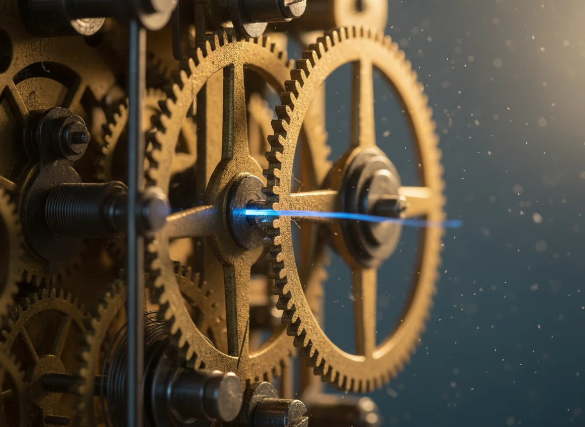 Close-up of brass mechanical gears showing website seo optimization details.