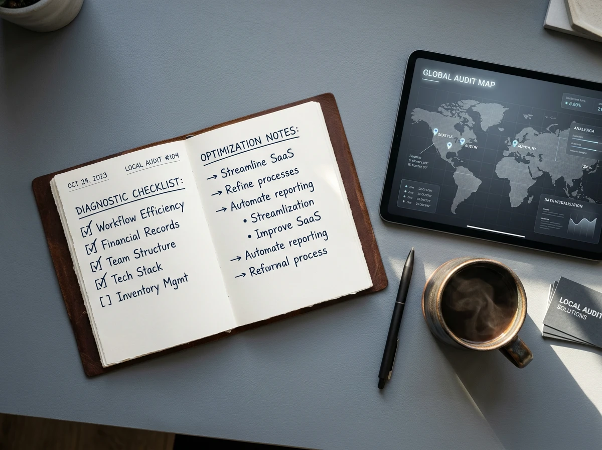 A notebook with a diagnostic checklist and optimization notes for Google My Business optimization and local seo map rankings.