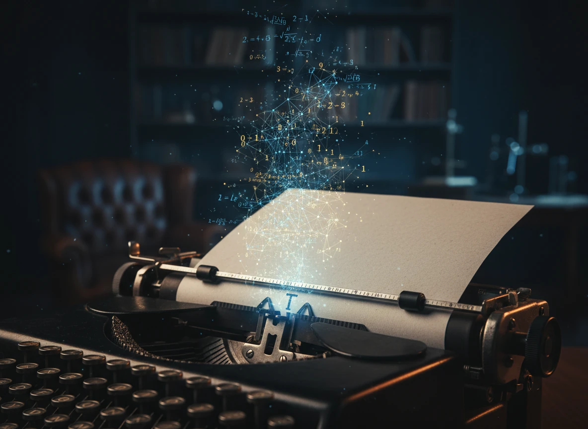 A vintage typewriter with a glowing digital network rising from the paper, useful for detecting ai content.
