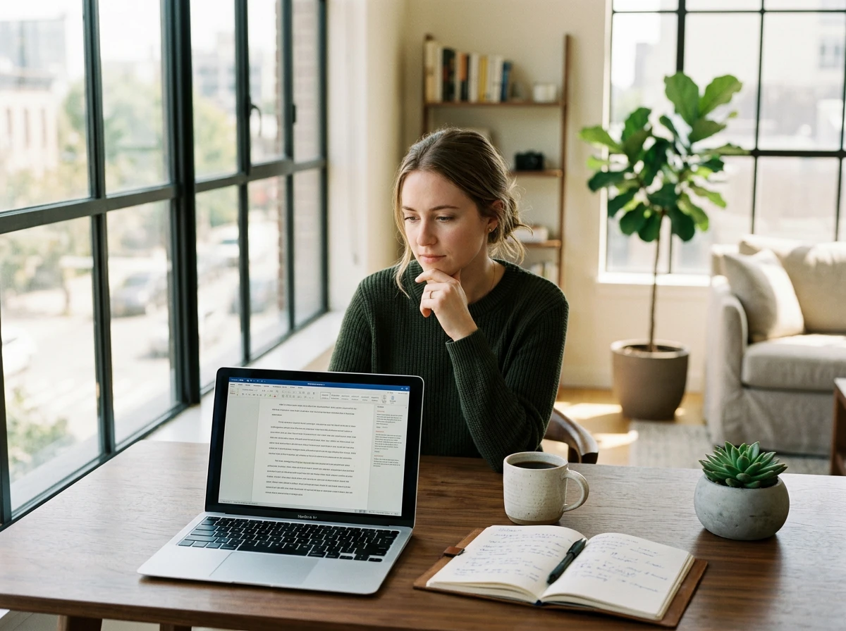A woman working on her laptop, focusing on writing natural text using an AI writer assistant.