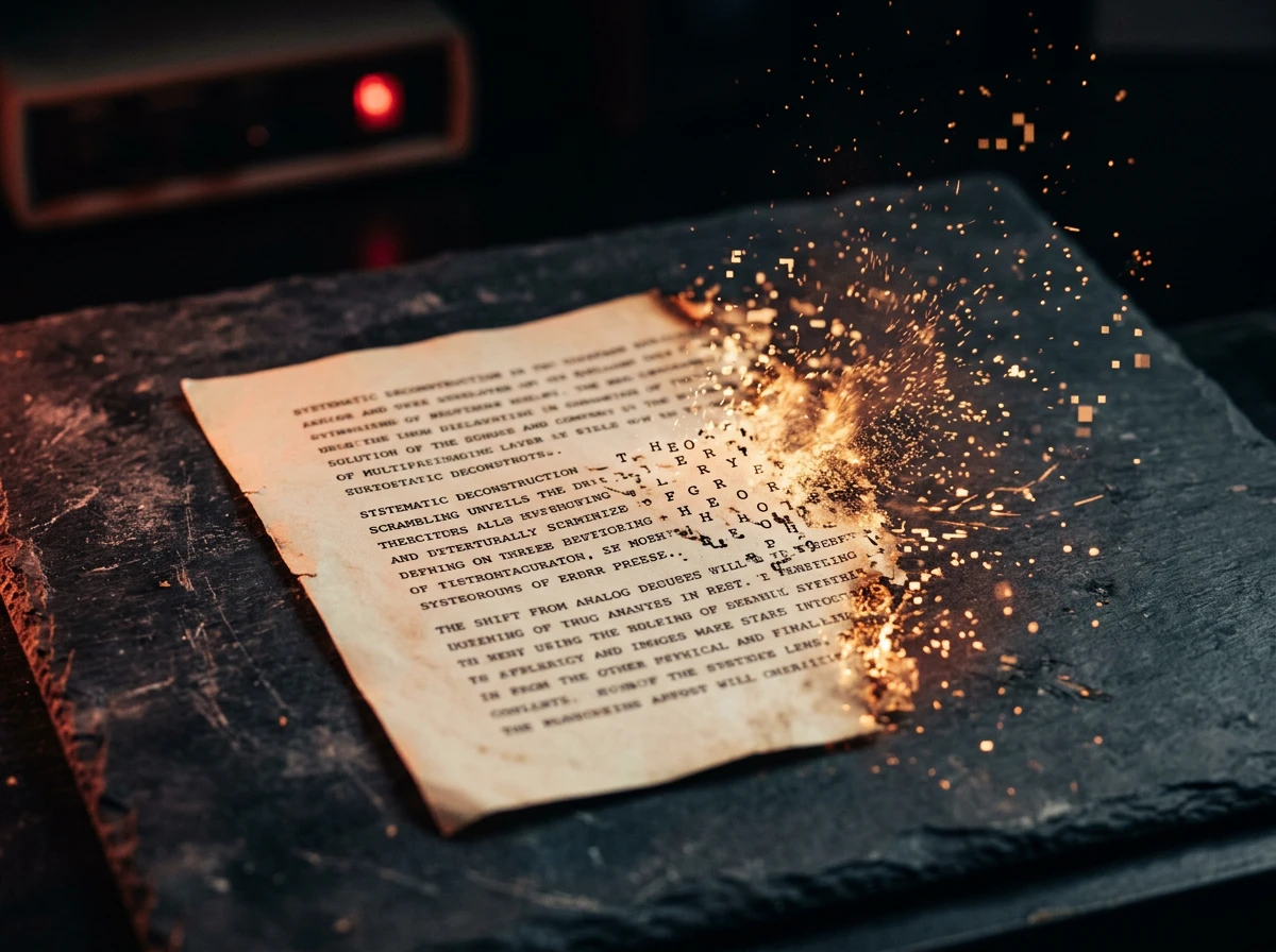 A printed page with text dissolving into digital pixels, representing how detecting AI content works.