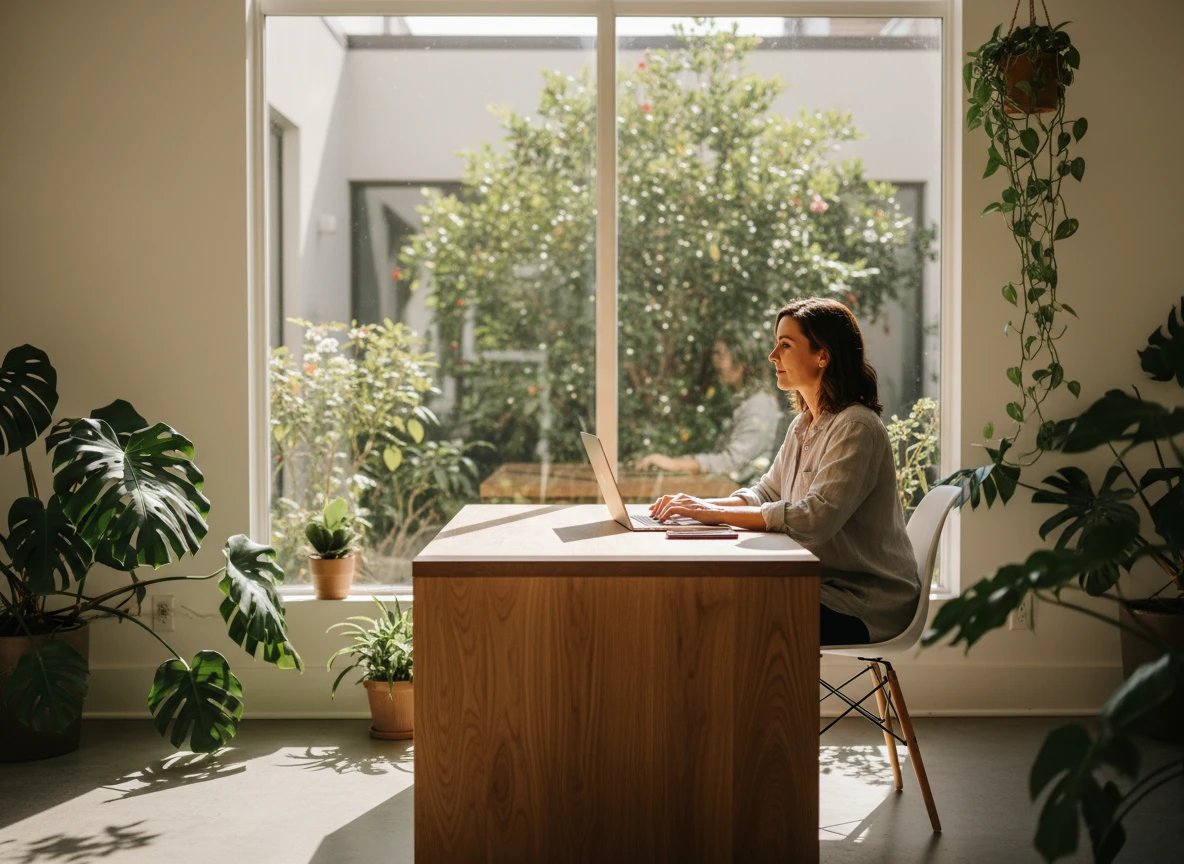 A woman types on a laptop while learning how to pass ai detection with natural writing.