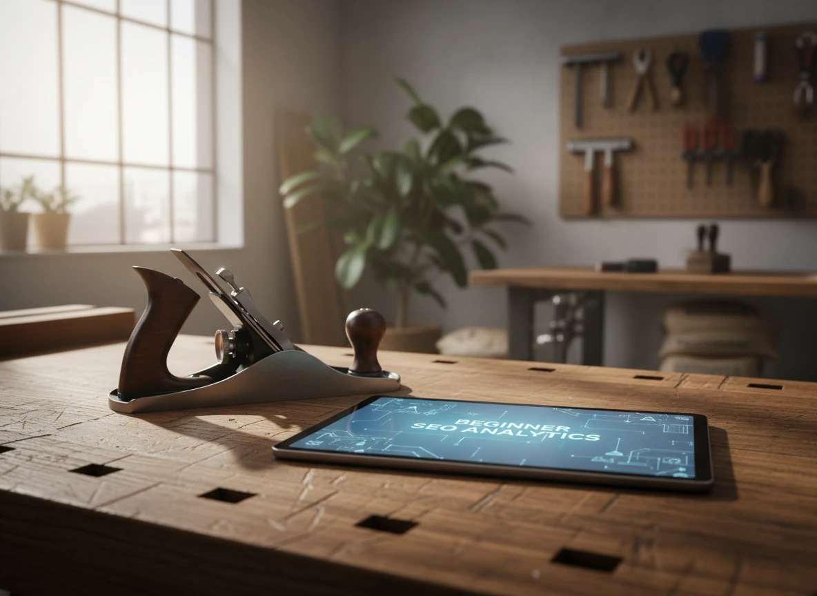 A tablet displaying beginner analytics next to woodworking tools, representing page optimisation and seo tools.