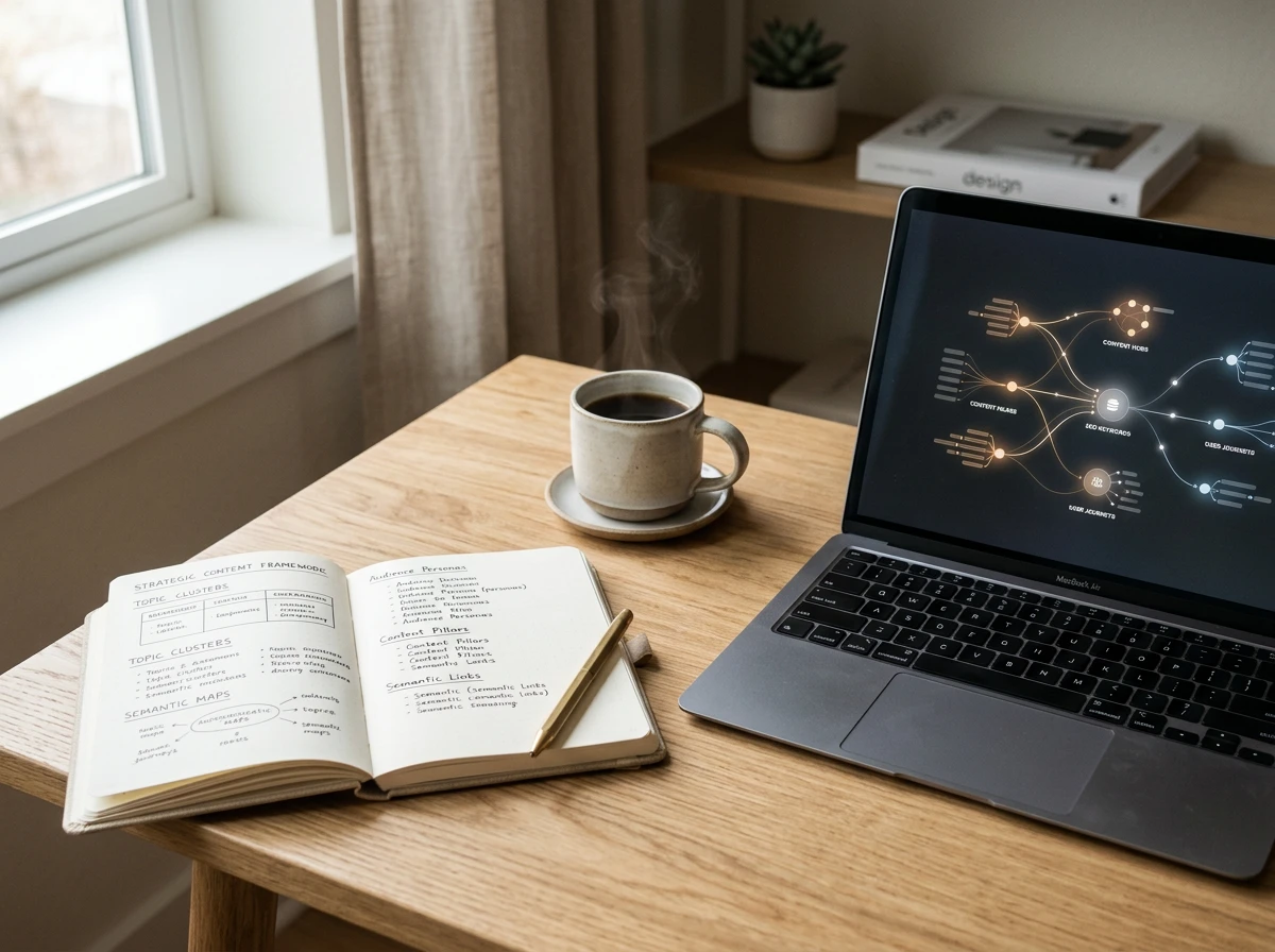 A wooden desk featuring a laptop displaying a content generation mind map, a notebook with seo optimisation notes, and a hot cup of coffee.
