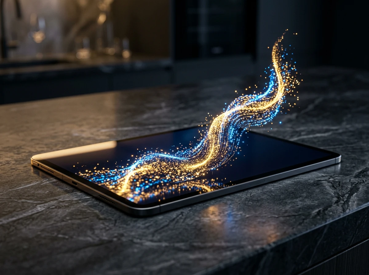 A sleek digital tablet resting on a dark marble counter with a glowing wave of blue and gold particles symbolizing ai seo and organic traffic.