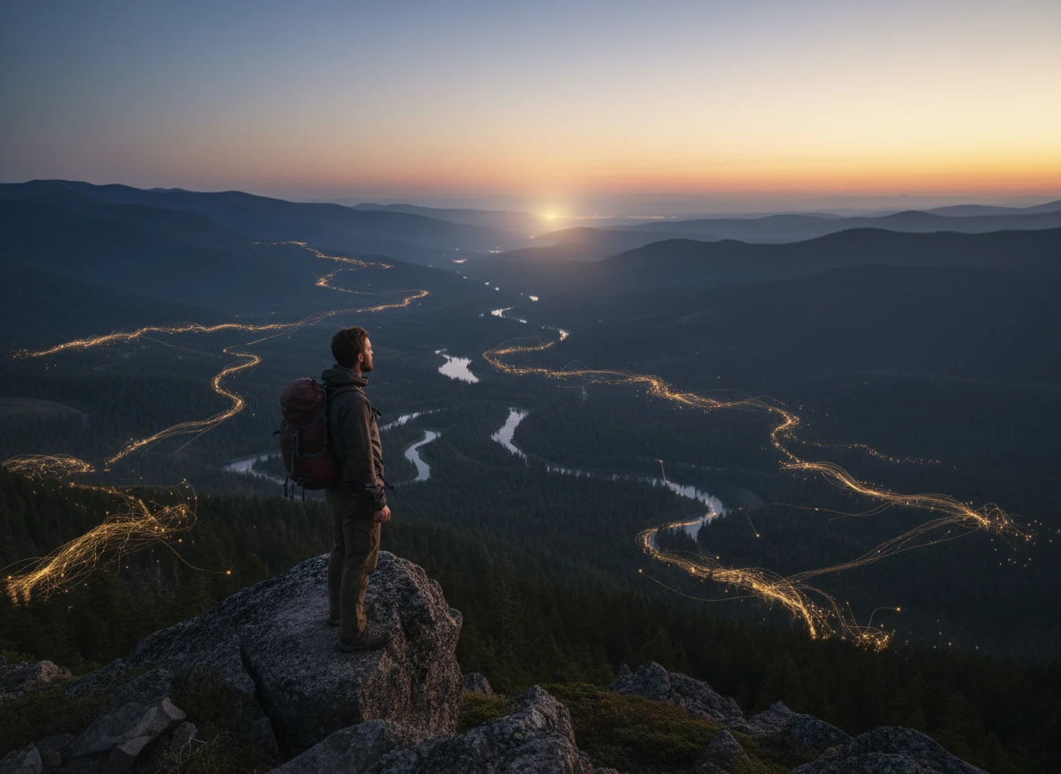 A hiker looking at a valley at sunset to improve search engine rankings and grow organic traffic with ai seo.