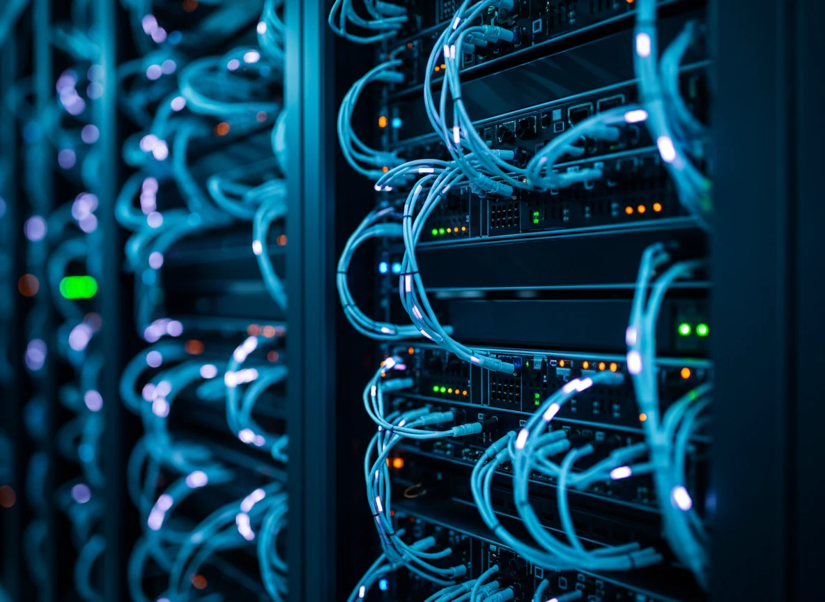 Server racks with glowing blue cables powering search engine optimization tools and agency pricing strategies.