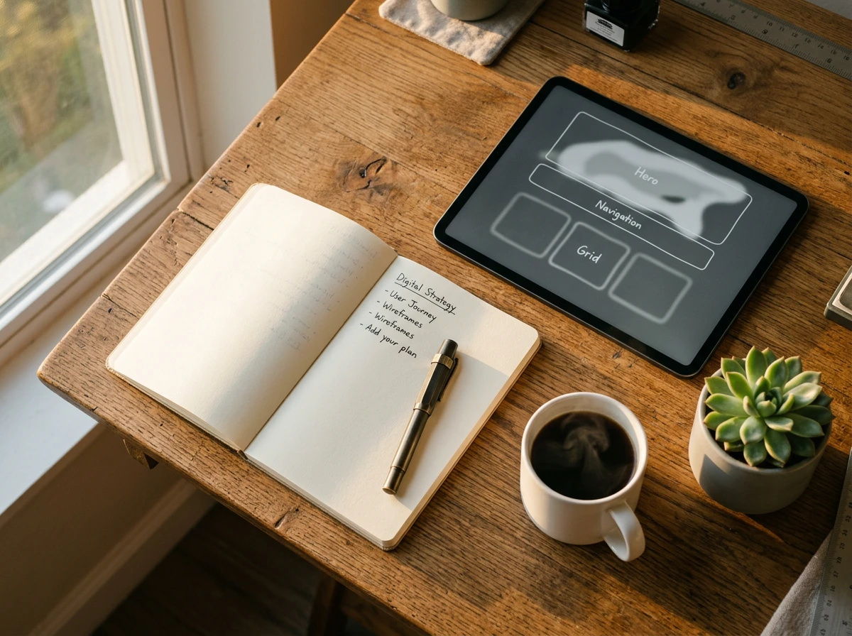 Wooden desk with an open notebook, tablet showing wireframes, coffee cup, and succulent for website seo optimization.