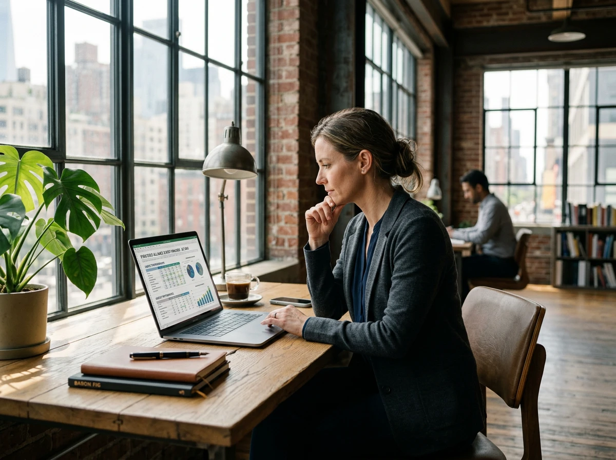 Professional working on a laptop at a desk with charts to analyze search engine optimization and understand seo agency pricing.
