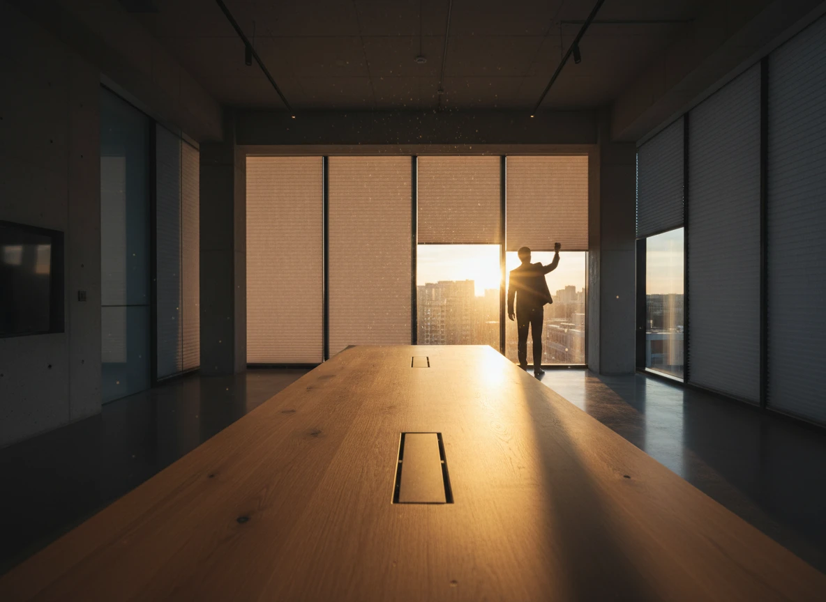 A person opening blinds in a boardroom to evaluate search engine optimization strategies and seo optimization cost.