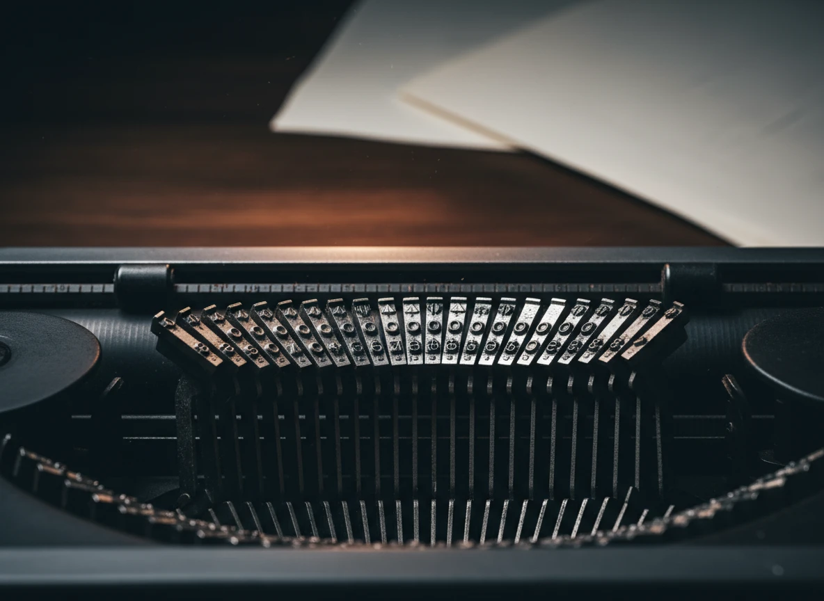 Close-up of vintage typewriter typebars ready to help an ai content writer humanize content naturally.