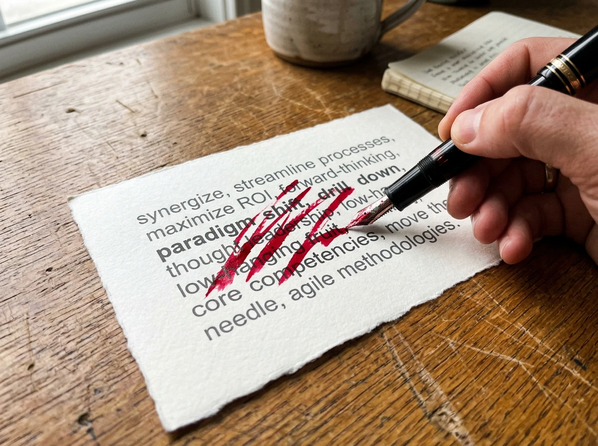 A hand using a fountain pen to aggressively cross out robotic corporate buzzwords, acting as an ai humanizer.