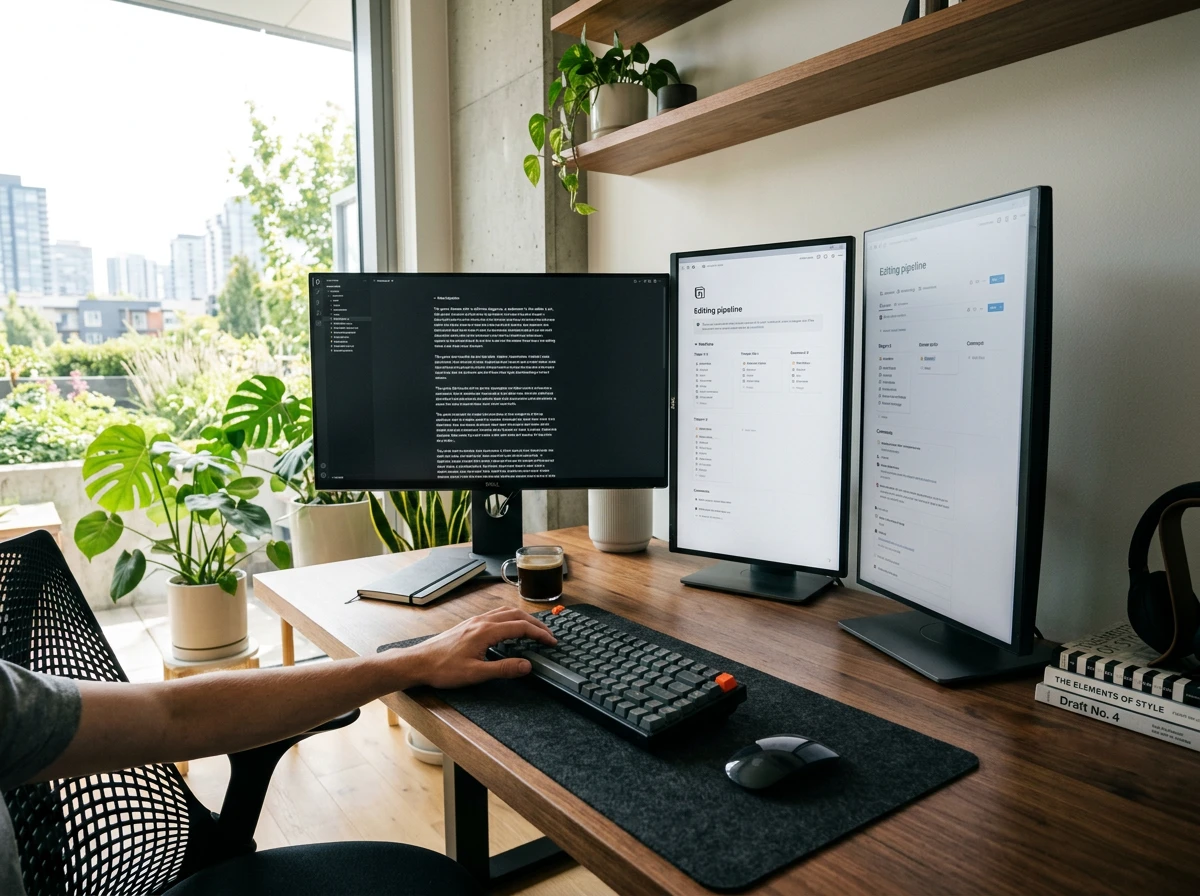 A modern desk setup with multiple monitors displaying an editing pipeline to humanize content generated by an ai blog writer.