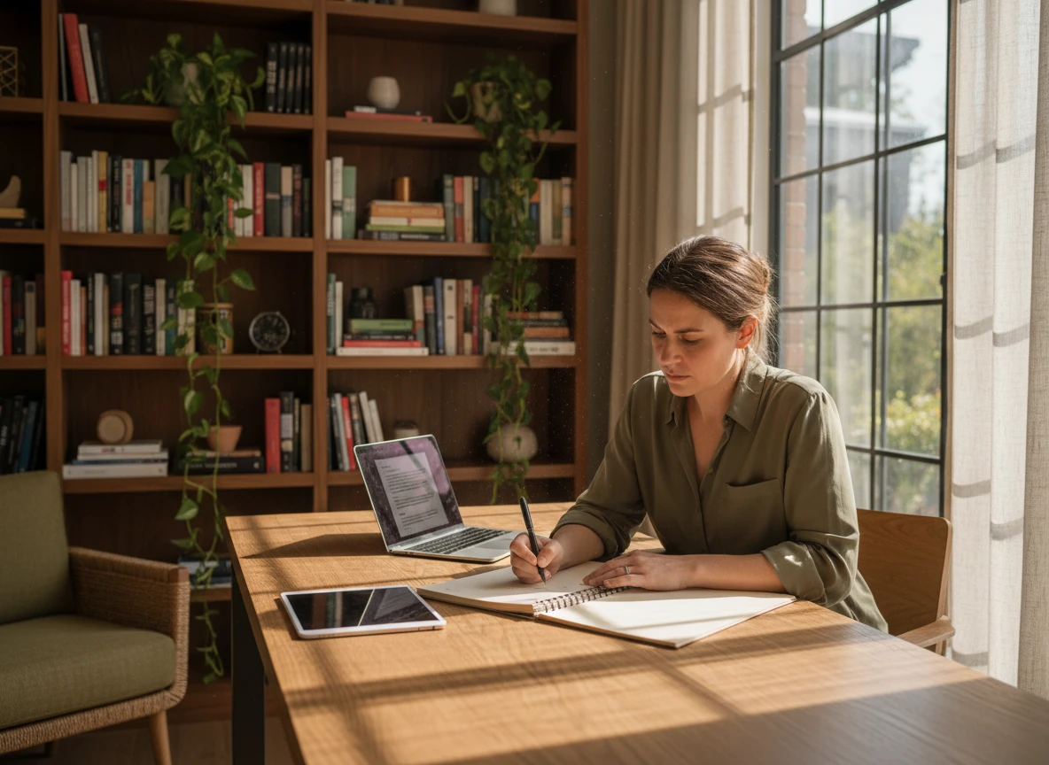 A woman at a desk uses an ai humanizer to humanize content and bypass an ai content detector.