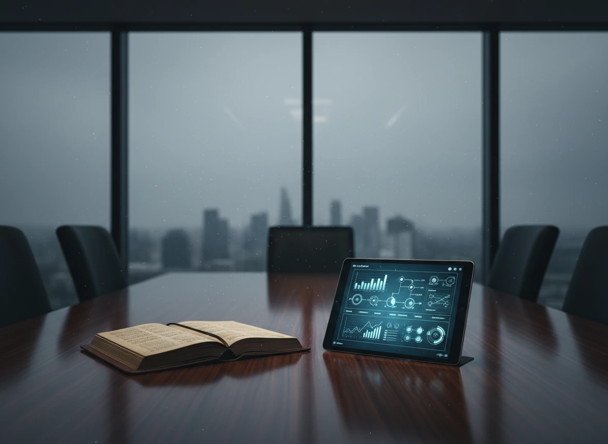A tablet displaying search marketing analytics and ai seo metrics rests on a boardroom table next to a book.