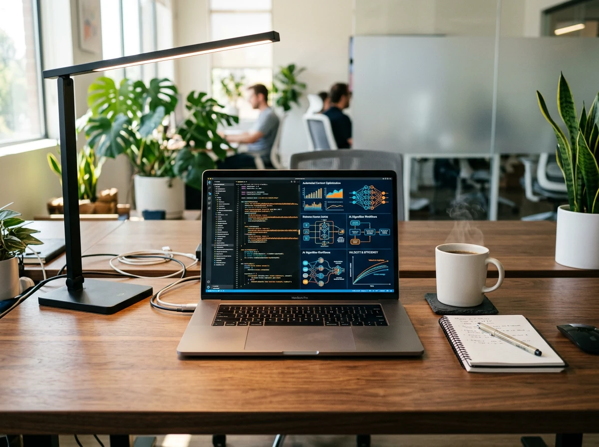 A laptop on a wooden desk displaying ai seo dashboards for website workflow analysis and page optimisation.