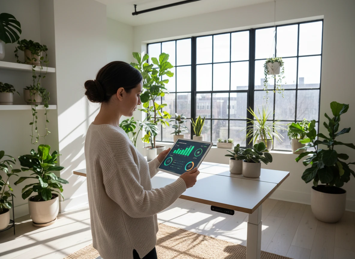 A woman reviewing search marketing analytics on a digital tablet to measure conversion rate and seo performance.