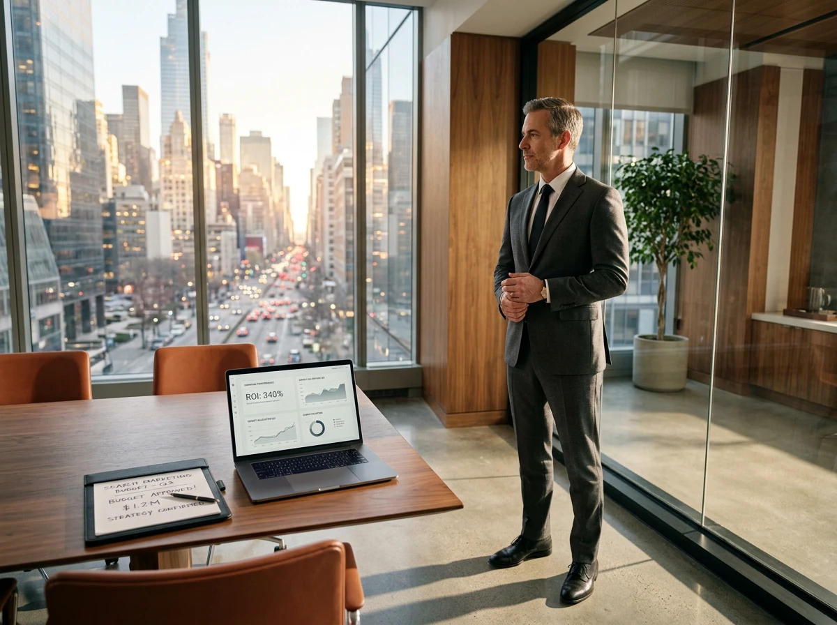 Business executive looking out office window at city traffic, reviewing search marketing ROI on a laptop.