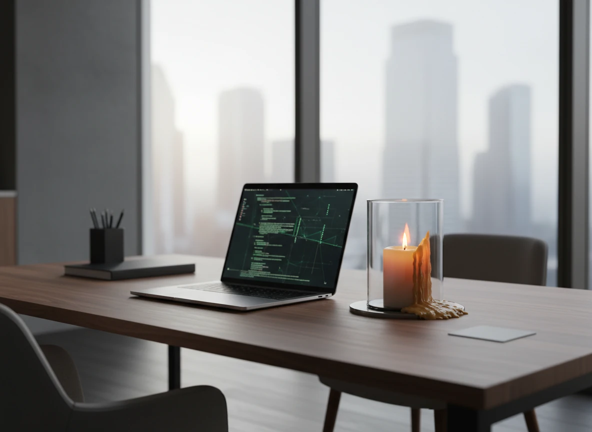 Laptop displaying code on a desk next to a melting candle before hiring an seo agency.